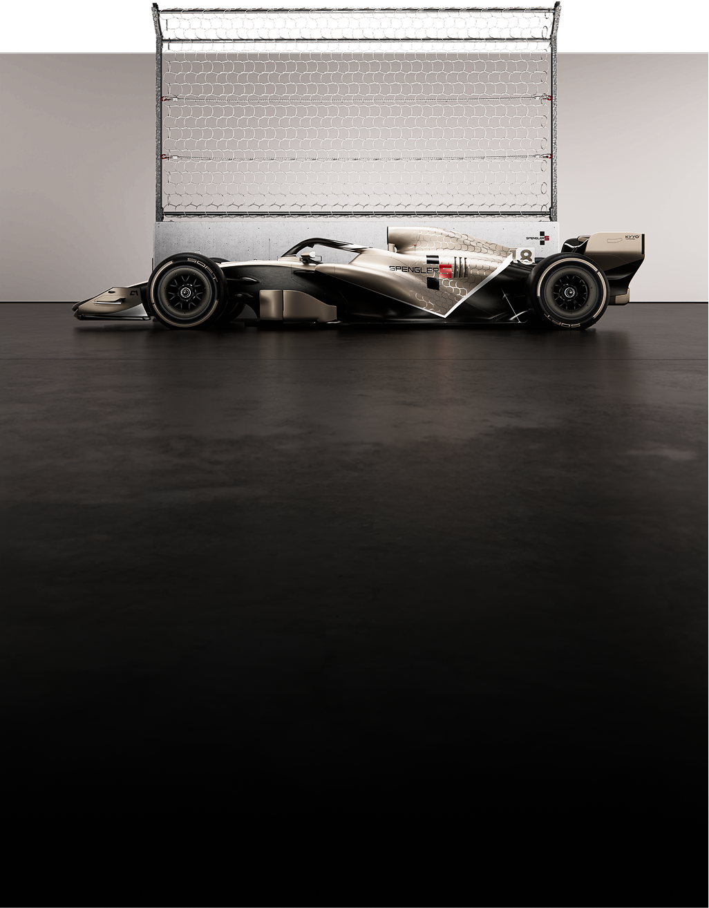 Formula racing car positioned in front of Spengler debris fence system - Mobile