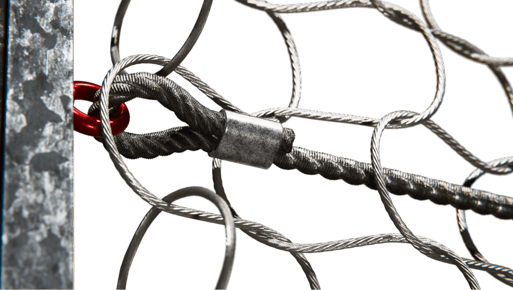 Close-up of high-tensile wire rope connection in Spengler omega net