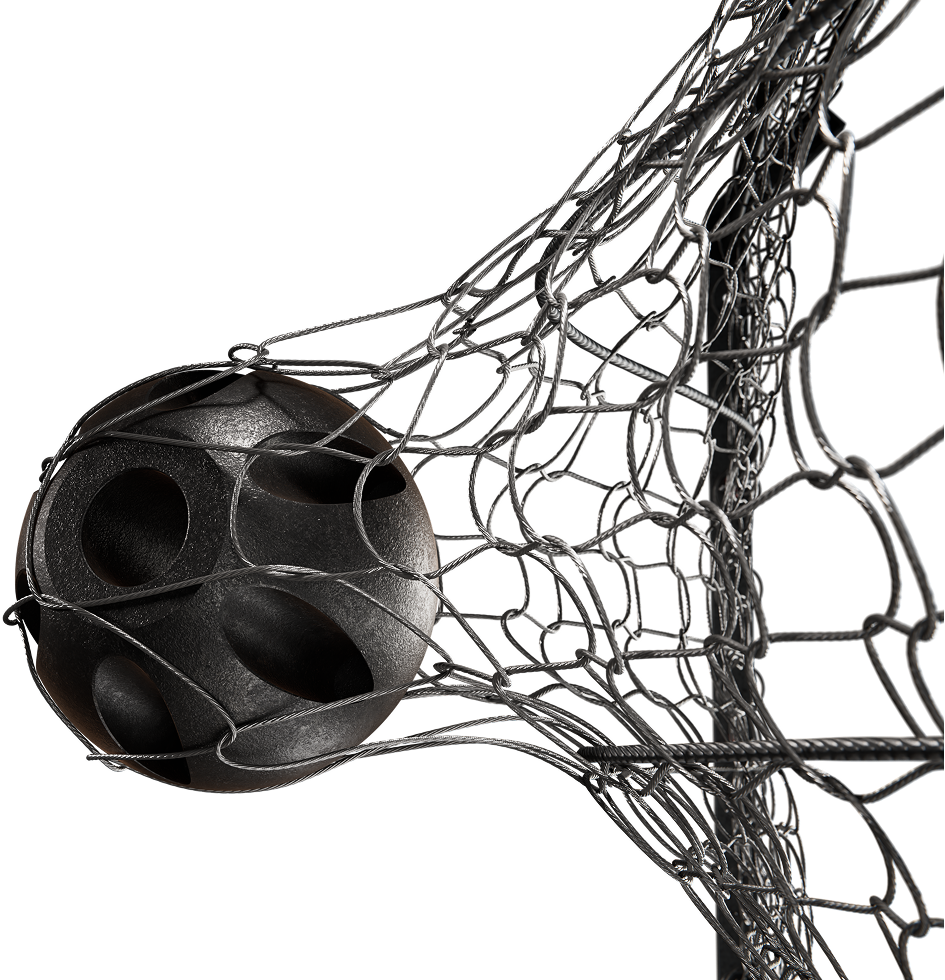 High-tensile Spengler omega net absorbing impact from test object
