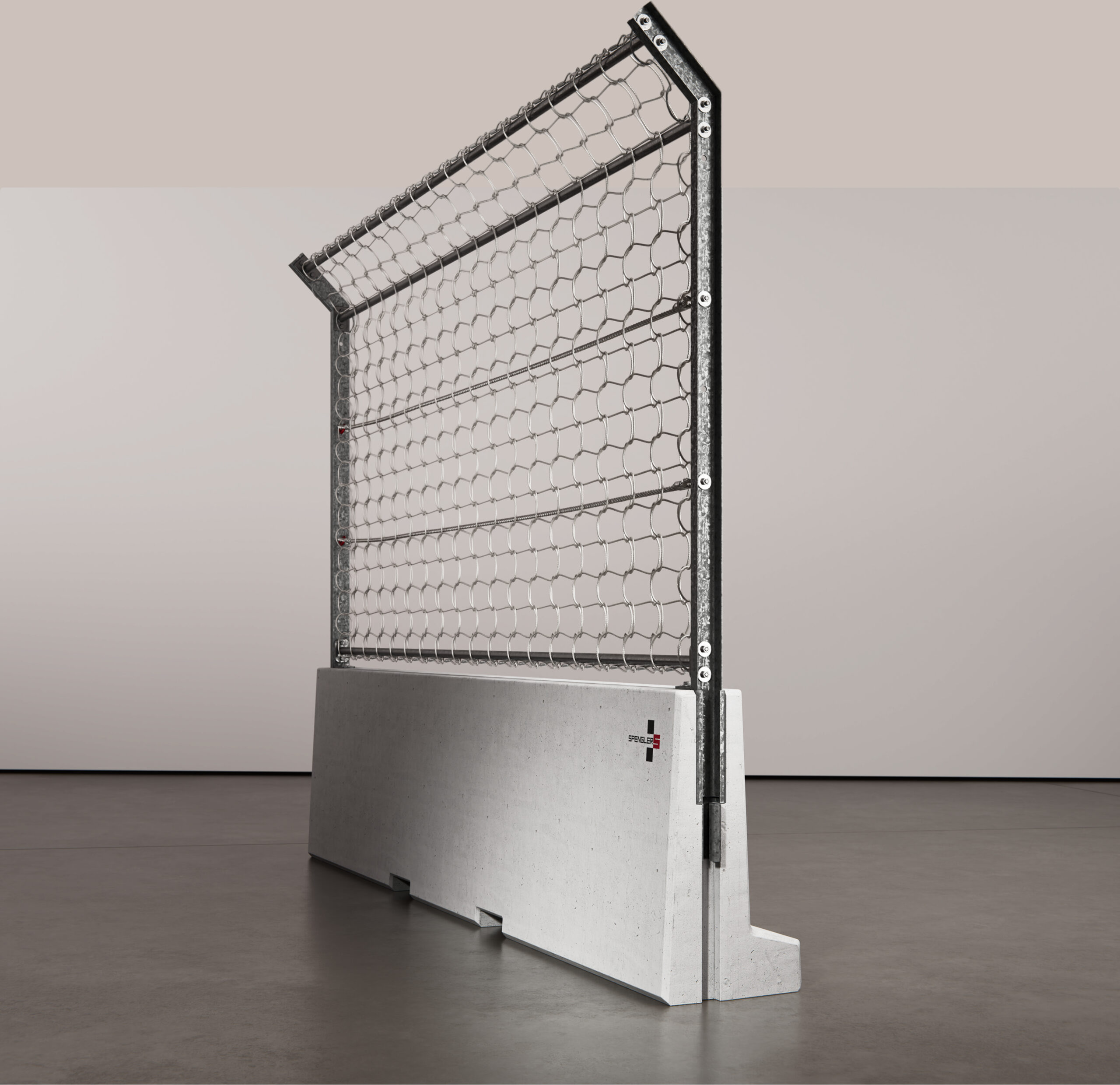 Spengler debris fence system with modular concrete barrier and high-tensile net